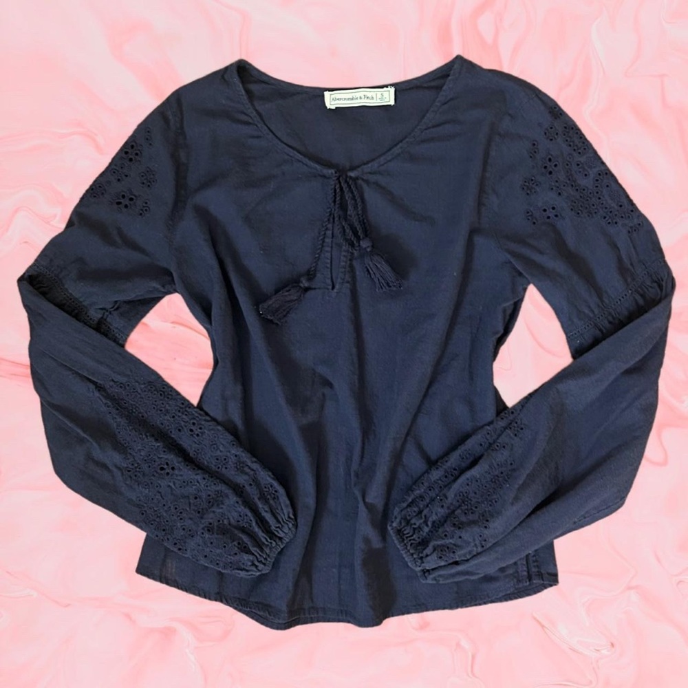 Abercrombie and Fitch Navy Eyelet Bishop Sleeve Blouse